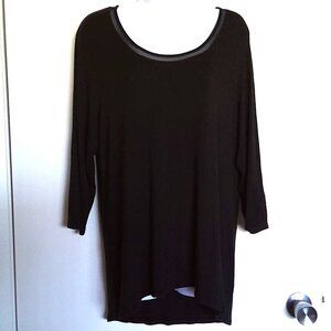 New Tahari Black Top 3/4 Sleeve Tunic Length Stretch "Fishnet" Trim NWOT Sz L